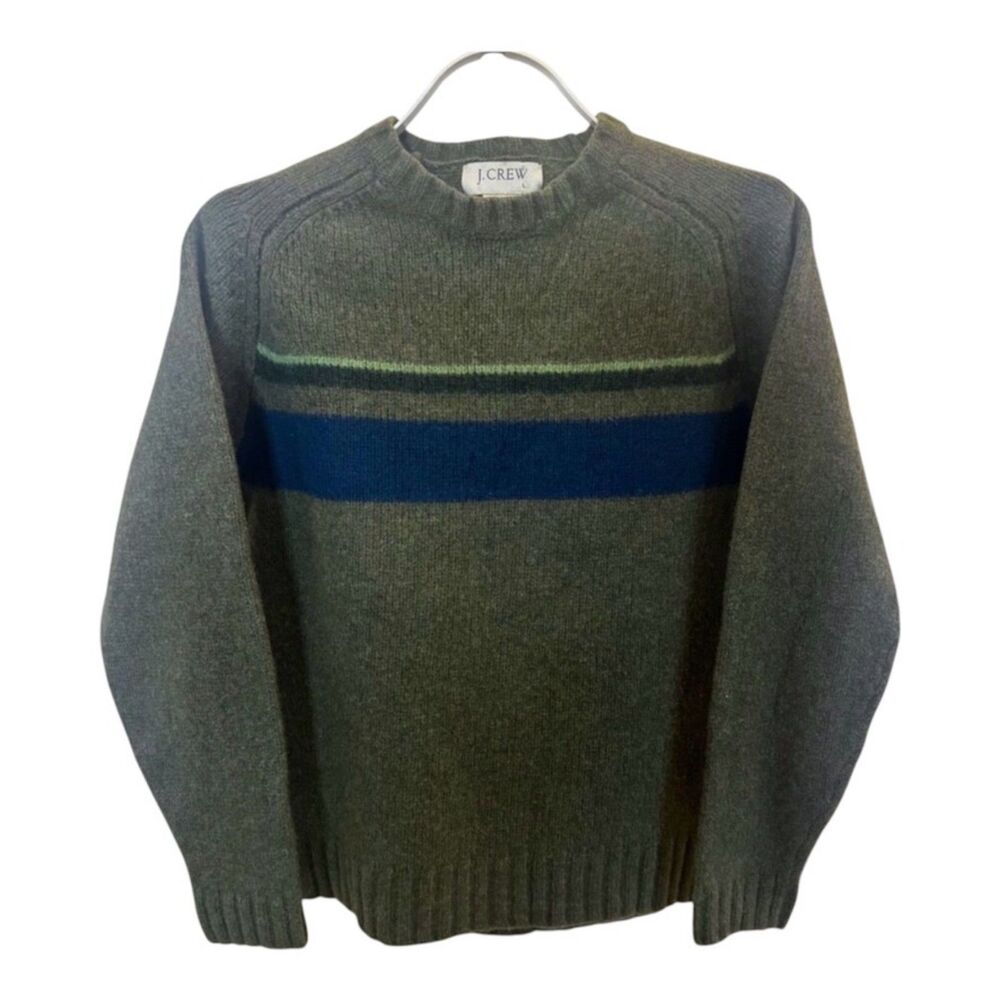 Vintage J. Crew Mens 100% Wool Sweater Olive Green Stripe Size L